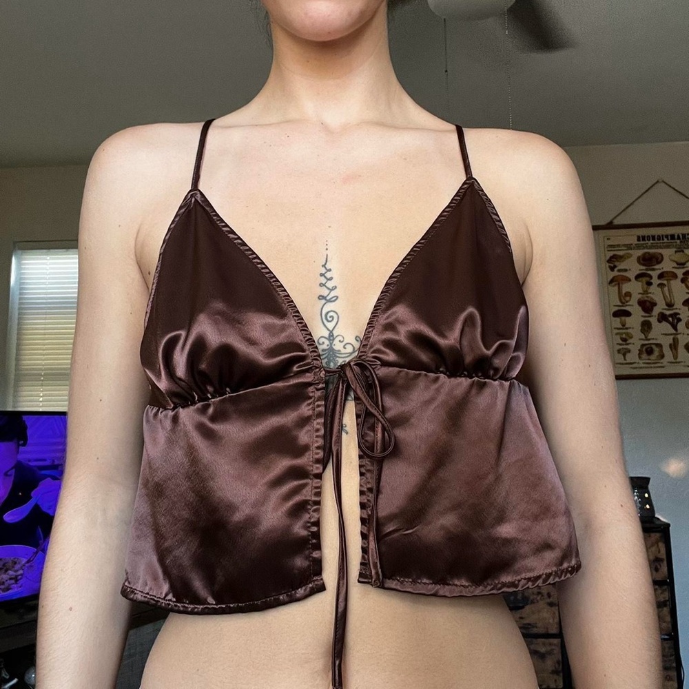 H&M Chocolate Satin Tie-Front Chemise